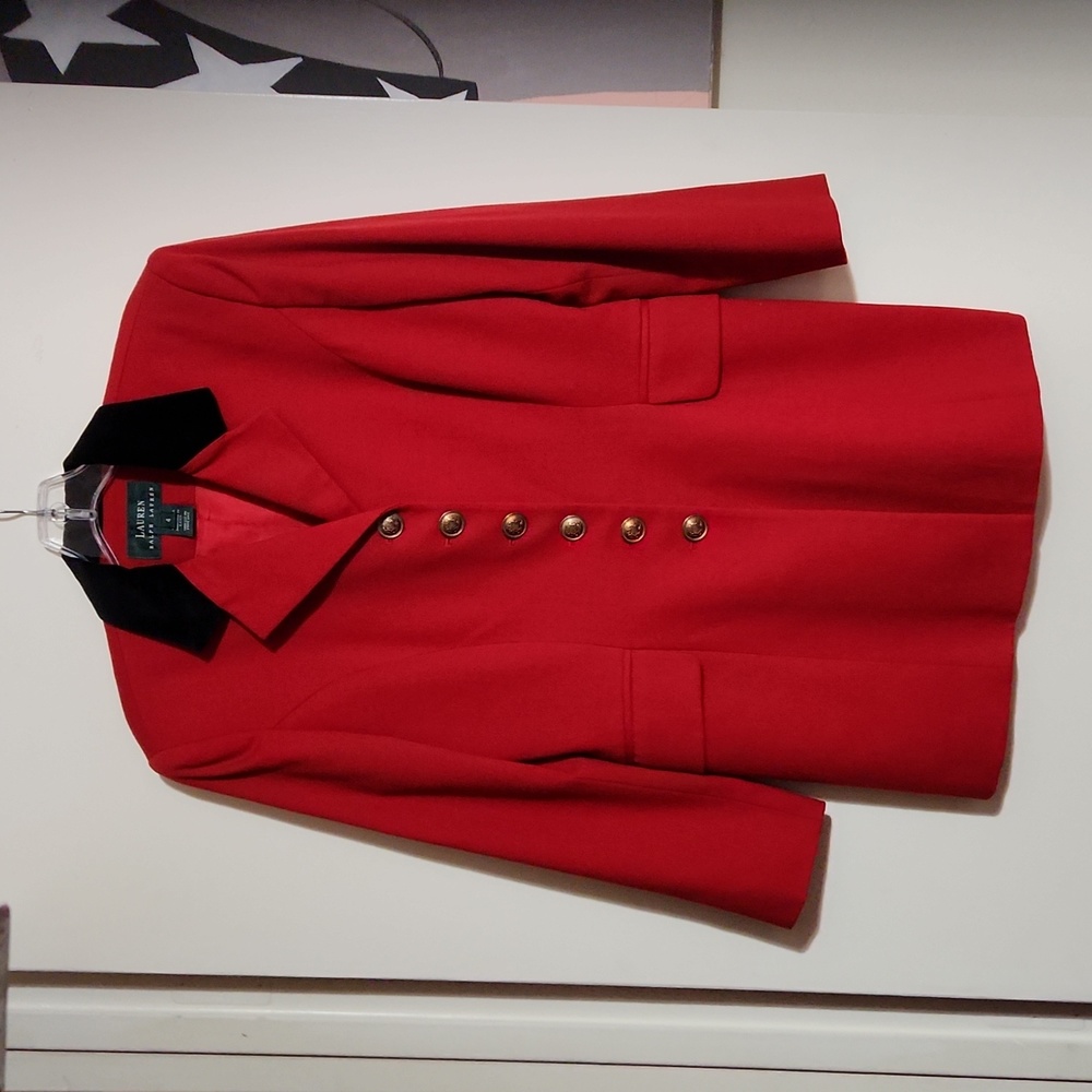 Ralph Lauren Equestrian Bright Red Wool Long Jacket Black Velvet Collar Size 4